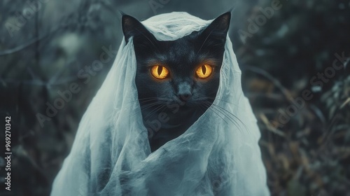 Black cat dressed as a ghost with glowing eyes, [ghost cat], [spooky Halloween cat portrait] photo