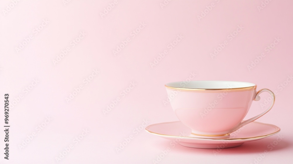 A delicate pink teacup with a matching saucer against a soft pink background. A delicate pink teacup with a matching saucer against a soft pink background.