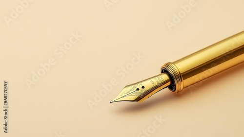 A close-up of a gold fountain pen nib on a soft, neutral background. photo