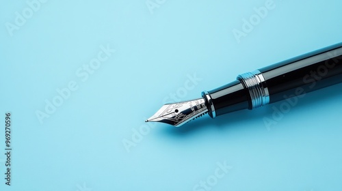 A close-up of a fountain pen on a light blue background, emphasizing writing and creativity.