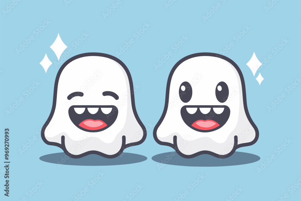Two white ghosts with cheerful smiles floating together
