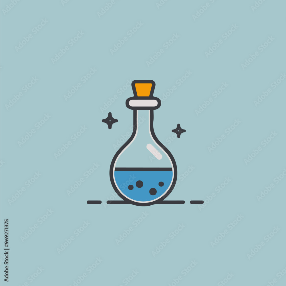 Simple blue potion bottle with bubbles on a light background Simple blue potion bottle with bubbles on a light background