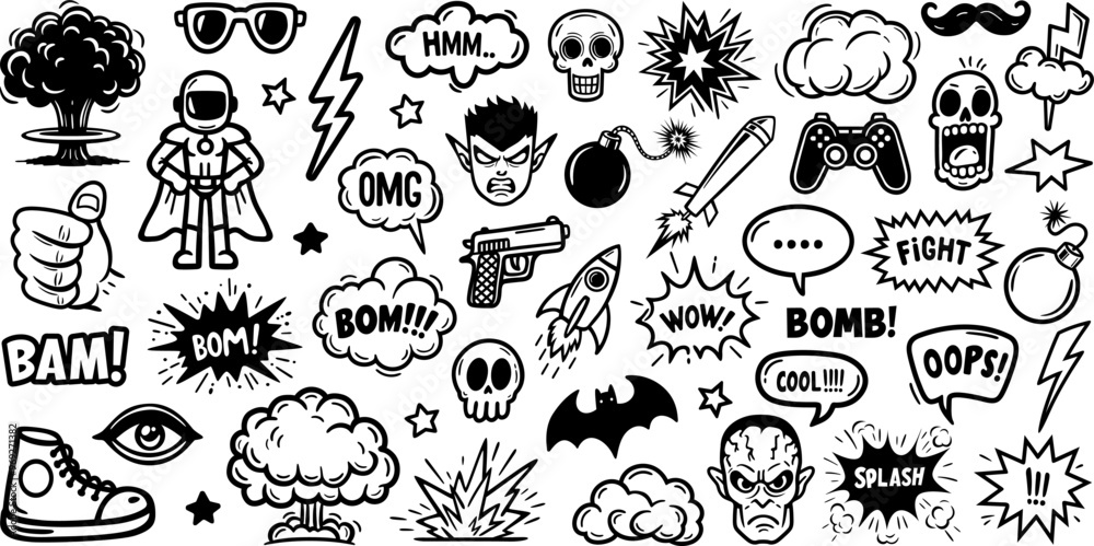  Set of hand drawn elements doodle comics isolated on white background. Speech bubbles with the words bom, boom, fight, splash, omg, bomb