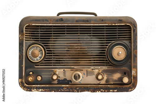 An old radio with a wooden case and a brown dial. The radio is old and has a vintage look