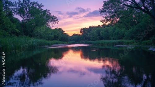 Tranquil river scene at sunset, reflecting vibrant colors and surrounded by lush greenery.