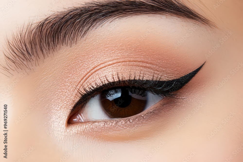Obraz premium Close-up view of a stylish eye makeup featuring a winged eyeliner, showcasing a flawless skin tone and beautiful lashes.