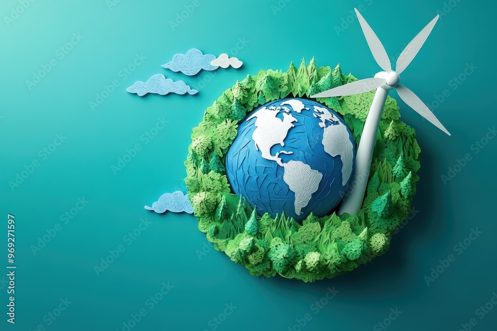 Naklejka premium Sustainable Planet: Paper Cut Globe with Wind Turbine - Concept for Renewable Energy Transition
