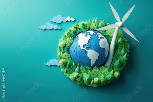 Sustainable Planet: Paper Cut Globe with Wind Turbine - Concept for Renewable Energy Transition