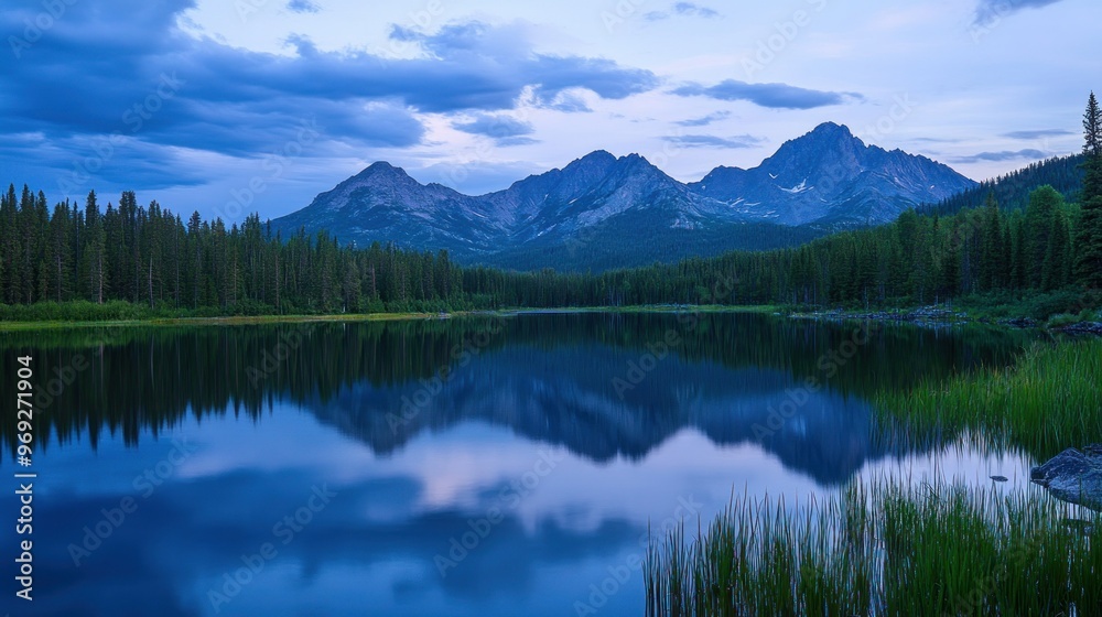 A serene lake reflects mountains under a twilight sky, showcasing natural beauty and tranquility. A serene lake reflects mountains under a twilight sky, showcasing natural beauty and tranquility.