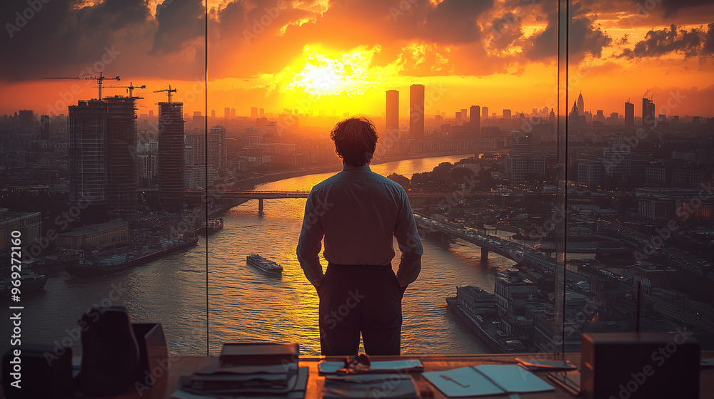 Fototapeta premium Businessman standing confidently next to a boardroom table