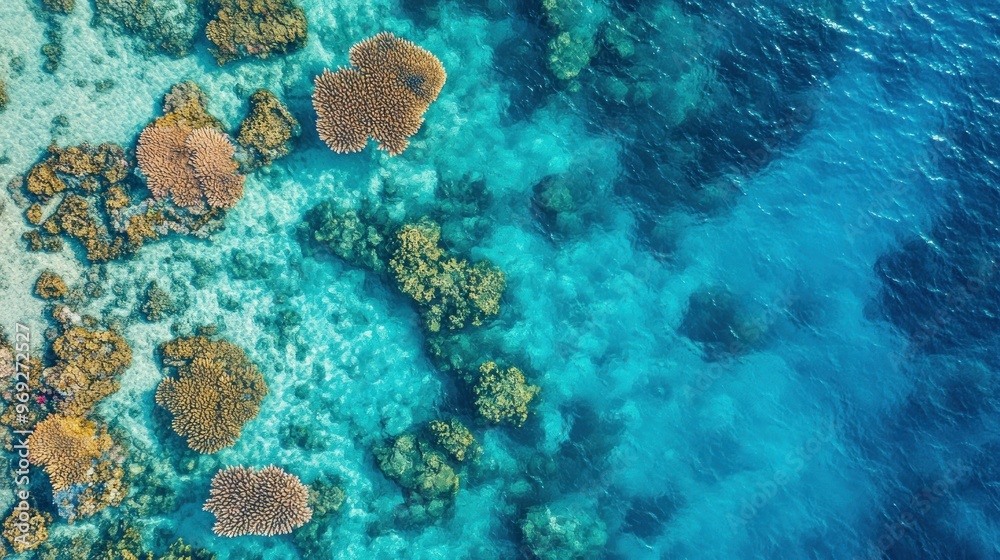 Aerial view of vibrant coral reefs and clear blue waters showcasing marine biodiversity. Aerial view of vibrant coral reefs and clear blue waters showcasing marine biodiversity.