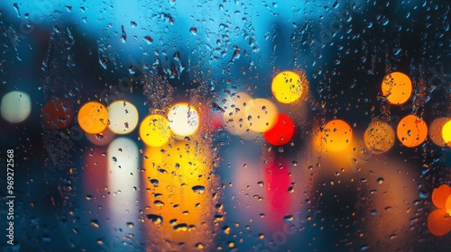 A close-up view of raindrops on a window, with blurred city lights in the background.