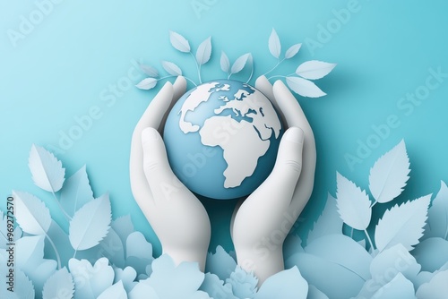 Eco-Friendly Paper Cut Hands Holding Globe with Sprouting Leaves - Concept of Global Climate Action and Environmental Care