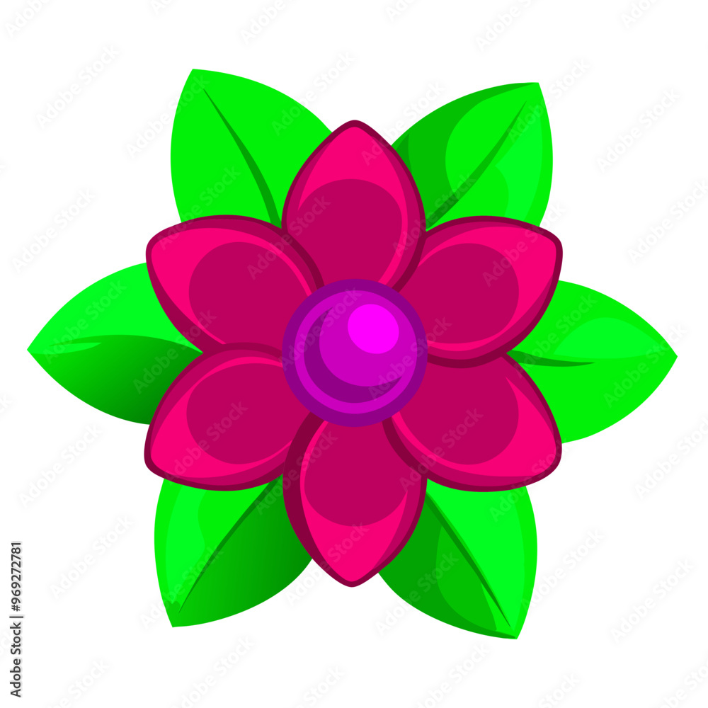 a simple, stylized illustration of a flower. It has six bright pink petals arranged in a circular pattern around a central purple circle. Behind the petals, there are six green leaves a simple, stylized illustration of a flower. It has six bright pink petals arranged in a circular pattern around a central purple circle. Behind the petals, there are six green leaves