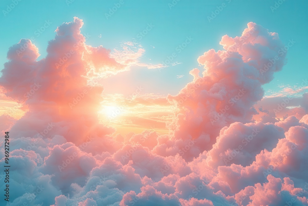sundrenched sky with fluffy clouds drifting lazily warm golden light filtering through casting abstract patterns dreamy atmosphere with soft gradients of blue and white