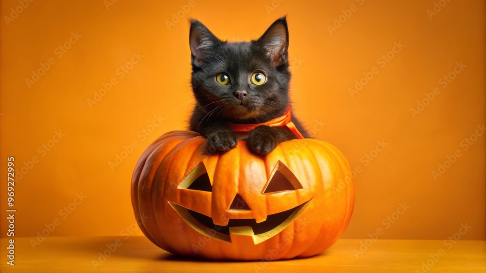 In a vibrant orange tableau, a mischievous black kitten adorns a carved pumpkin, its little face peeking out In a vibrant orange tableau, a mischievous black kitten adorns a carved pumpkin, its little face peeking out