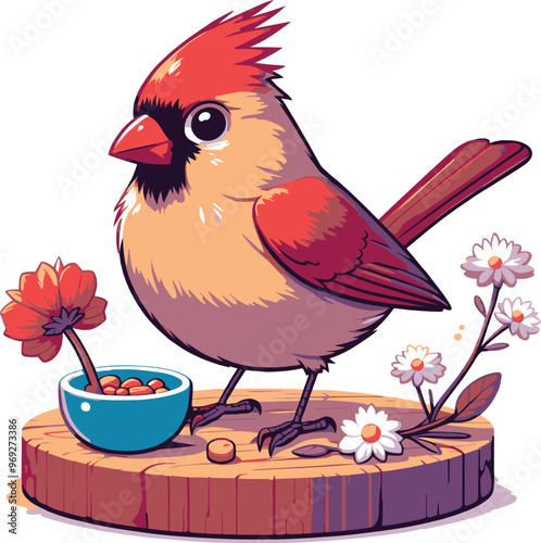 A cute Northern Cardinal bird standing with vibrant red feathers with white background
