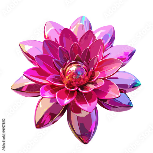 a digitally created flower with multiple layers of petals. The petals are shiny and have a metallic appearance, with a gradient of colors ranging from pink to purple and hints of blue