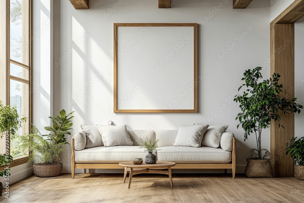 Fototapeta premium Modern living room with a sofa, plants, and a blank wall for decoration.