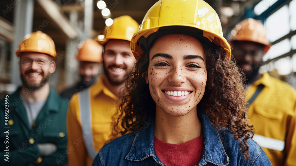 Industry Strength: A diverse team of smiling construction workers in hard hats, standing together in a modern industrial setting. The image radiates confidence and teamwork. Industry Strength: A diverse team of smiling construction workers in hard hats, standing together in a modern industrial setting. The image radiates confidence and teamwork.
