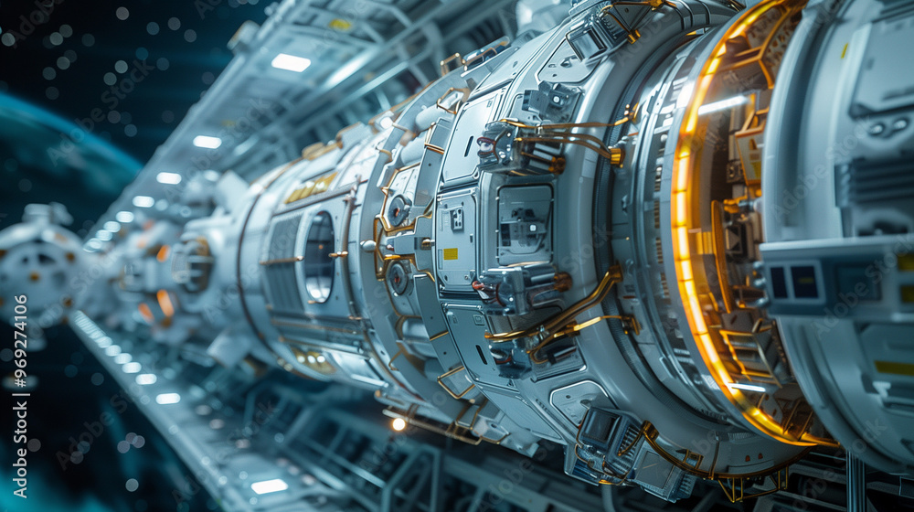 Close-up of a futuristic space station segment with glowing elements and intricate details. Close-up of a futuristic space station segment with glowing elements and intricate details.