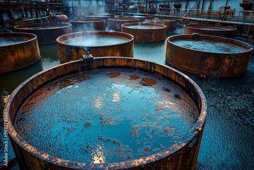 Industrial Setting with Multiple Large Circular Tanks Filled with Blue Liquid