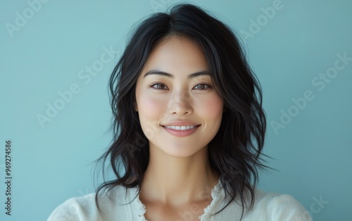 Serene Asian Woman Smiling in Soft Sunlight Close-up Portrait on Light Blue Background