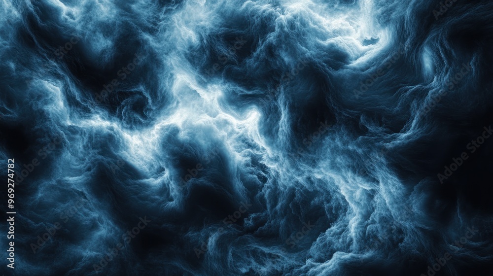 Abstract depiction of swirling blue and black clouds, evoking a sense of mystery and depth.