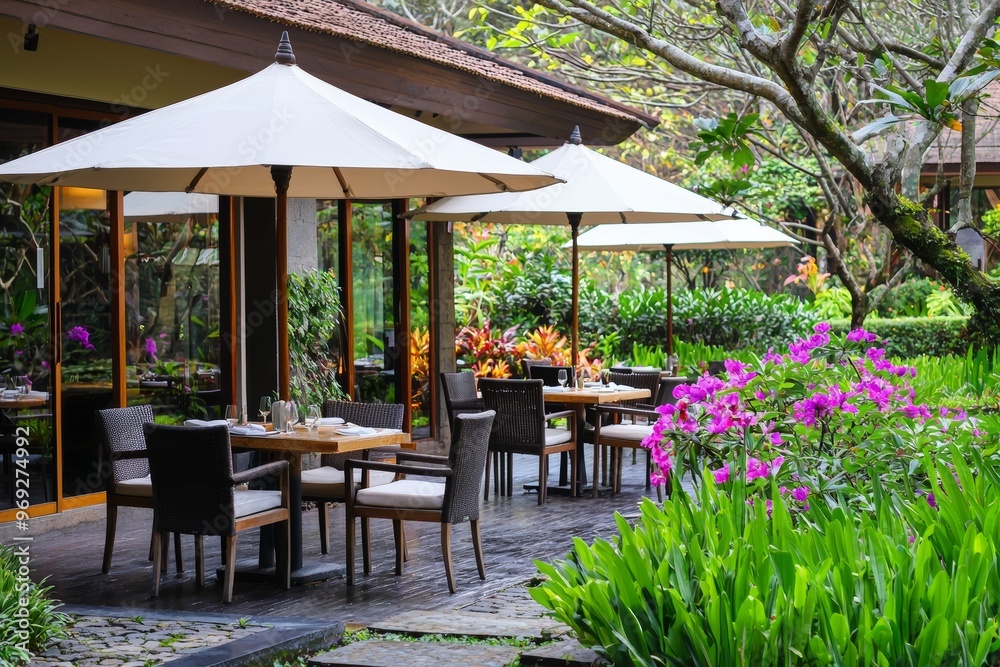 Fototapeta premium There is an outdoor lounge and restaurant near the pool and there is a view of the garden