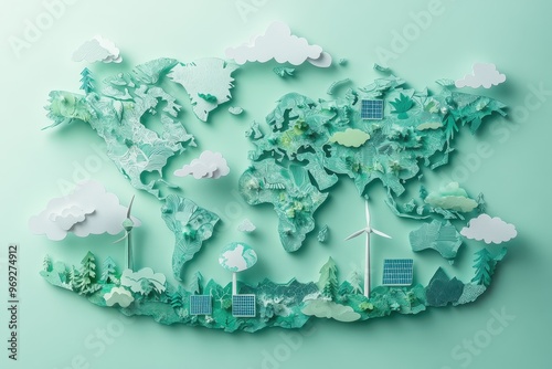 Global Cooperation in Green Energy Solutions: Paper Cut World Map with Solar Panels, Wind Turbines, and Electric Vehicles