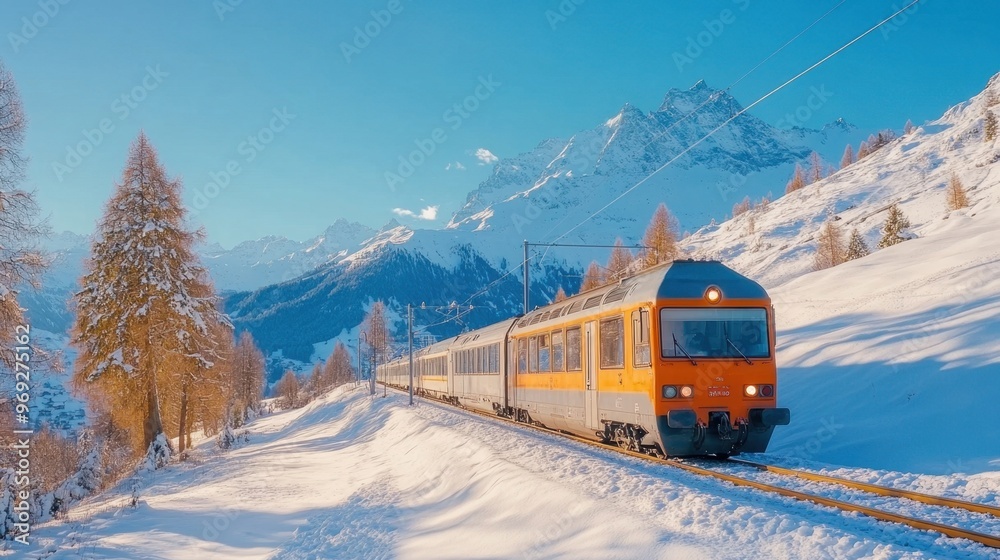 Train traveling through the Swiss Alps, scenic snow-covered peaks in the background Train traveling through the Swiss Alps, scenic snow-covered peaks in the background