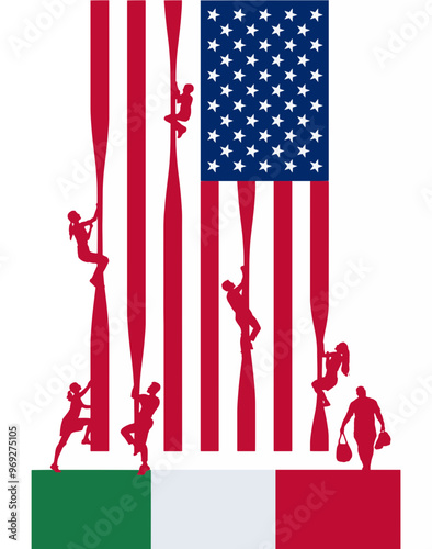 People are climbing up an American  flag hoping to cross the border. They started their journey from a Mexican flag below.  This is a 3-d illustration about illegal immigration into the USA.