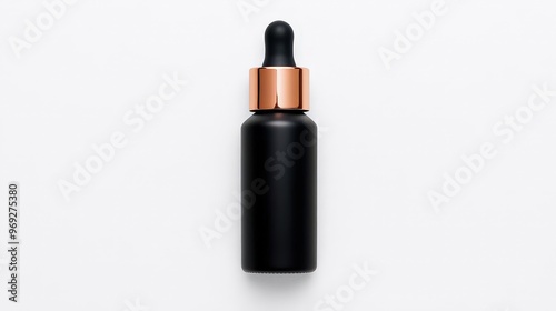 Elegant black dropper bottle with copper lid, perfect for essential oils or serums, isolated on a clean white background.