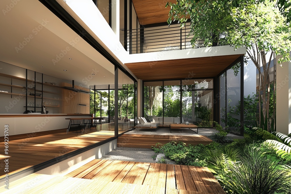 Fototapeta premium A modern villa's interior, seen from the veranda