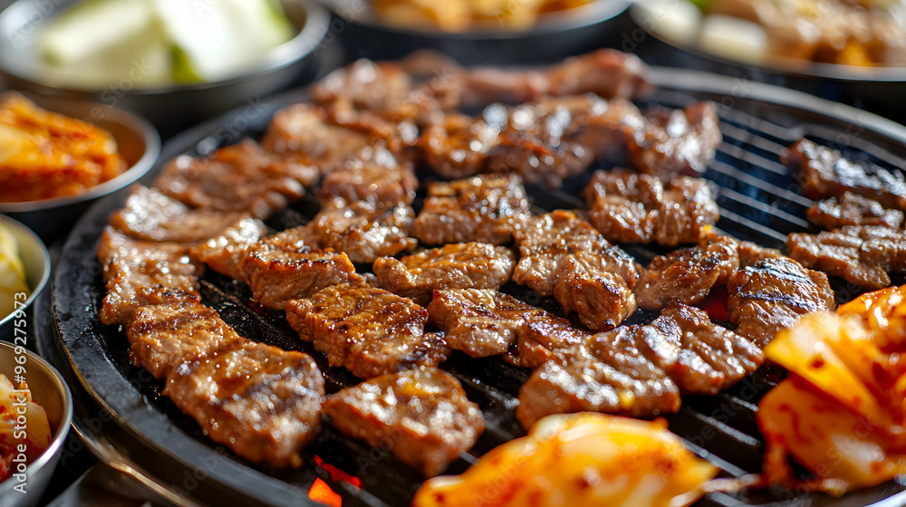 Close-up of sizzling Korean BBQ on a grill, with juicy pieces of beef, pork, and chicken, surrounded by side dishes like kimchi and pickled radish Close-up of sizzling Korean BBQ on a grill, with juicy pieces of beef, pork, and chicken, surrounded by side dishes like kimchi and pickled radish