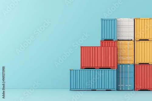 Shipping containers stacked, organized in port, flat design illustration