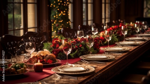 Elegant new year s eve dinner table setting with festive decor and delicious food arrangements