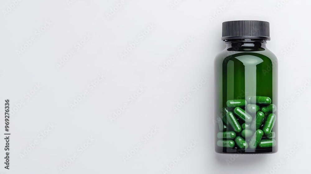 Obraz premium Green capsule bottle on a white background, ideal for health, wellness, and nutrition themes. Perfect for healthcare visuals.