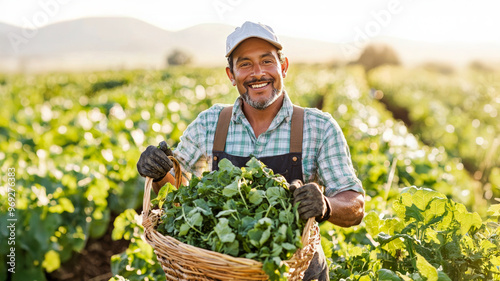 Harvesting Hope: A farmer smiles proudly as he holds a basket of fresh, vibrant produce, radiating the spirit of hard work and the bounty of nature. The warm sunlight bathes the scene, 