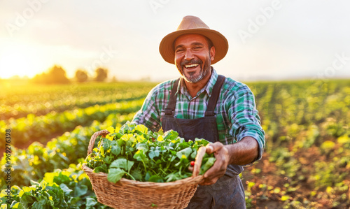 Harvesting Happiness: A farmer beams with pride, showcasing a basket of fresh greens against a backdrop of a lush green field. 