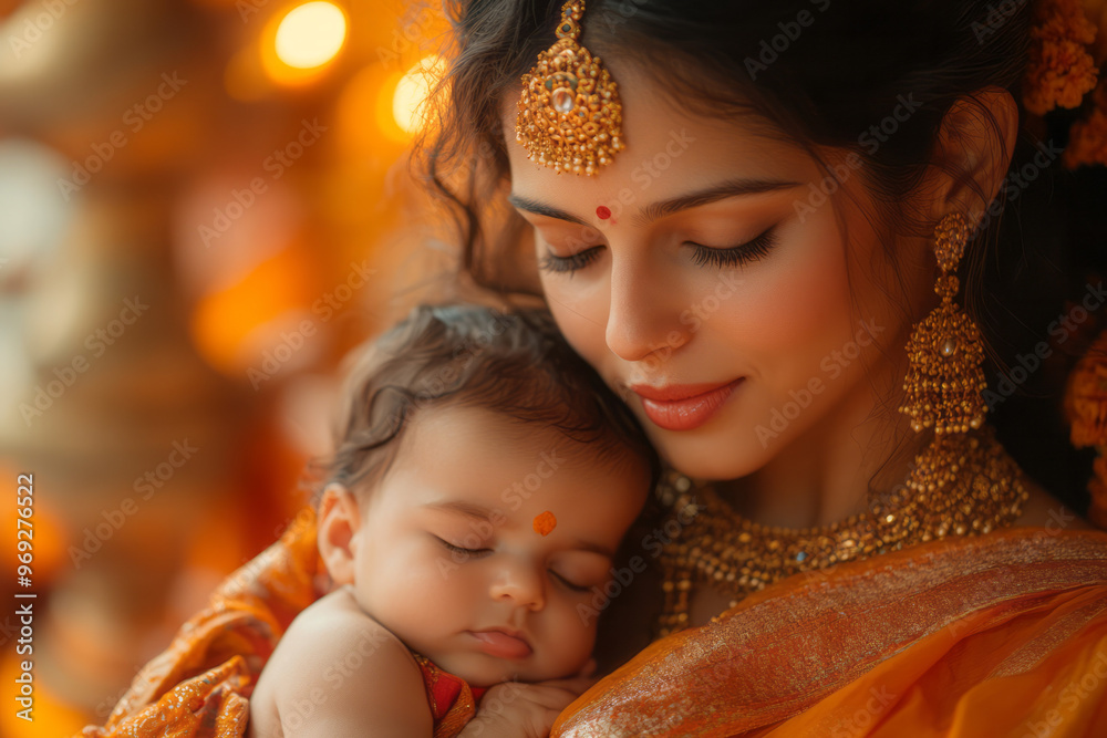 An Indian woman in a traditional saree, gently rocking her baby, An Indian woman in a traditional saree, gently rocking her baby,