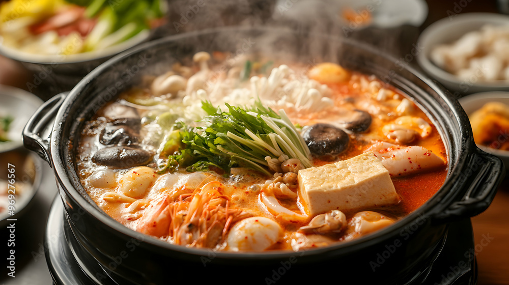 A Korean hot pot (Jeongol) boiling with a rich broth, filled with seafood, mushrooms, vegetables, and tofu, with steam rising from the pot in a cozy restaurant setting A Korean hot pot (Jeongol) boiling with a rich broth, filled with seafood, mushrooms, vegetables, and tofu, with steam rising from the pot in a cozy restaurant setting