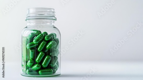 Glass jar filled with green capsules, ideal for health and wellness themes. Perfect for pharmaceutical marketing purposes. photo