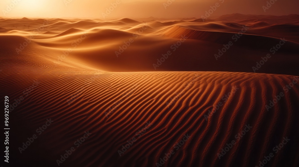 A serene desert landscape at sunset, showcasing undulating sand dunes and warm hues.