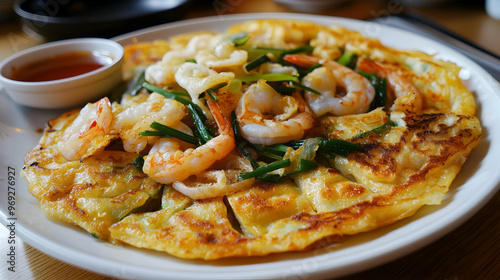 A plate of crispy Korean seafood pancakes (Haemul Pajeon) served with dipping sauce, with pieces of shrimp, squid, and green onions visibly sticking out from the pancake photo