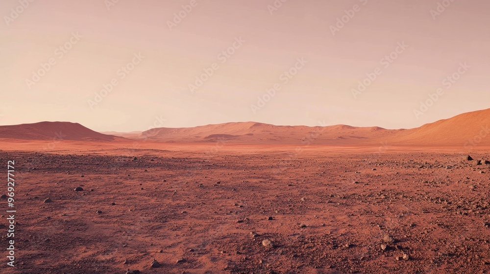 Fototapeta premium A barren Martian landscape showcasing red soil and distant hills under a pastel sky.