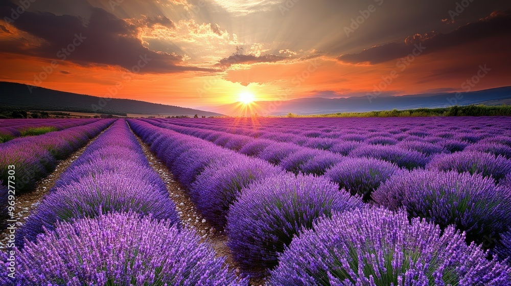 A vibrant lavender field under a colorful sunset, showcasing nature's beauty and tranquility. A vibrant lavender field under a colorful sunset, showcasing nature's beauty and tranquility.