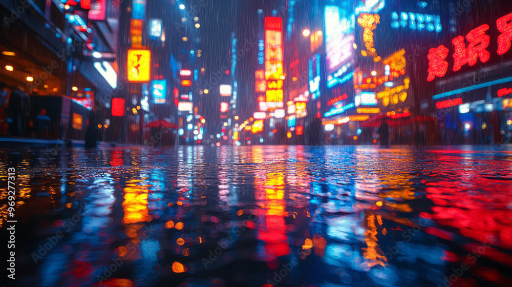 A bustling city square, now quiet and reflective after a rainstorm, A bustling city square, now quiet and reflective after a rainstorm,