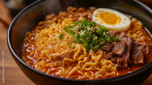 A close-up of hot Korean ramen noodles (Ramyeon) in a spicy broth, topped with egg, green onions, and sliced meat, served in a deep black bowl photo