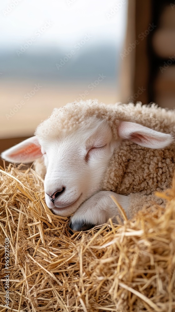 A sheep napping peacefully in a soft bed of straw inside a cozy stable. A sheep napping peacefully in a soft bed of straw inside a cozy stable.